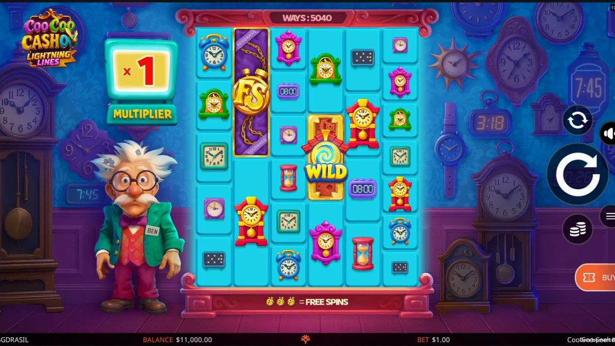 Tampilan visual slot Coo Coo Cashoo dengan tema toko jam eksentrik